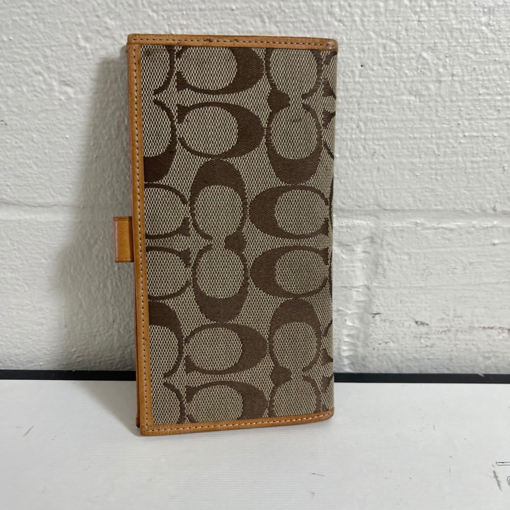 Coach Jacquard Checkbook Long Wallet Cover Tan Leather Signature C‎ Monogram